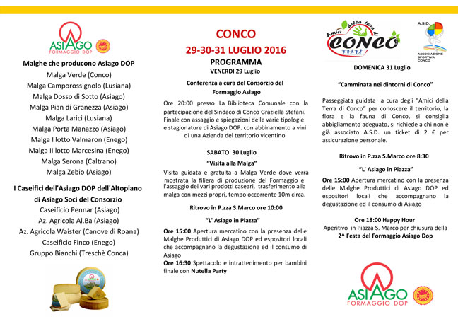Programma Festa del Formaggio Asiago DOP 2016 a Conco