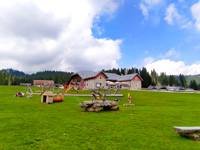 Die Rasenflächen mit Kinderspielen der Campolongo Hütte