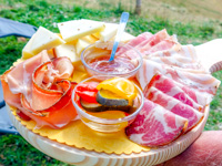 The cutting board with cheeses and cold cuts, pickles and jam