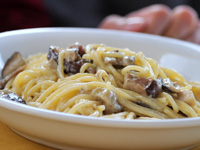 Pasta with cream, mushrooms and speck