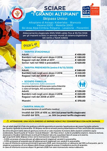 Tariffe Skipass Sciare I Grandi Altipiani 2025-2026