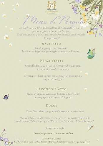 Menu di Pasqua 2025 del Ristorante Ai Mulini dell'Hotel Gaarten a Gallio