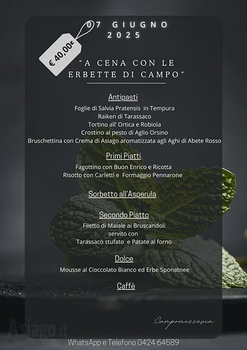 Cena con le erbe spontanee al Ristorante Campomezzavia di Asiago 7 giugno 2025