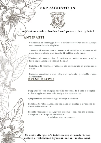 Menu pranzo di Ferragosto 2025 Ristorante Villa Ciardi di Canove