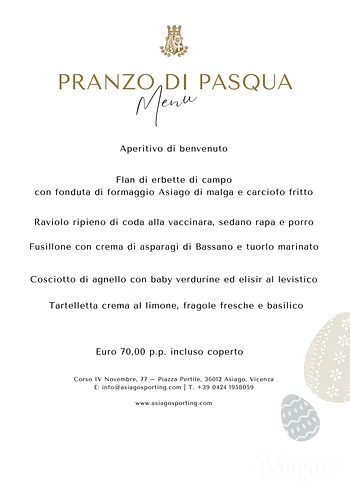 Menu Pranzo di Pasqua 2025 del Ristorante Casa Sporting di Asiago