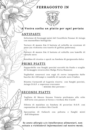 Menu Ferragosto 2023 Ristorante Villa Ciardi