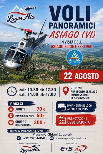 Voli panoramici in elicottero all'Aeroporto di Asiago 22 agosto 2026