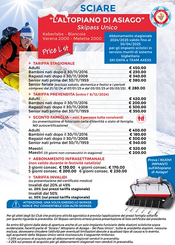 PREZZI SKIPASS ALTOPIANO DI ASIAGO 2024 2025