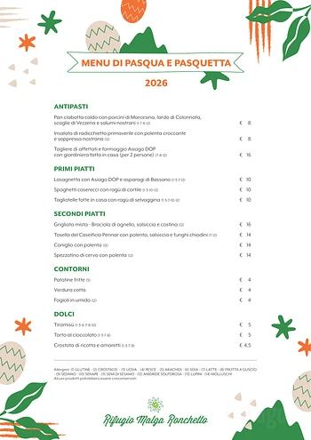 Menu di Pasqua e Pasquetta 2026 al Rifugio Malga Ronchetto