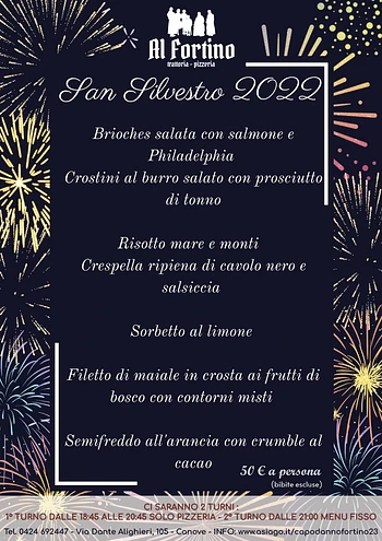 Cenone Ultimo dell'anno 2022 Capodanno 2023 Trattoria Ristorante Al Fortino di Canove