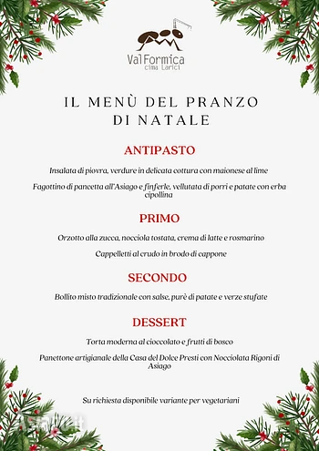 Menu pranzo di Natale 2024 Rifugio Val Formica sull'Altopiano di Asiago