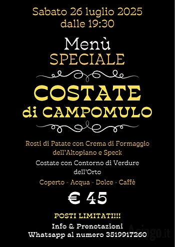 Cena "Costate di Campomulo" al Rifugio Campomulo Gallio 26 luglio 2025