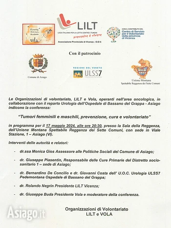 Conferenza"Tumori femminili e maschili, prevenzione, cura e volontariato"