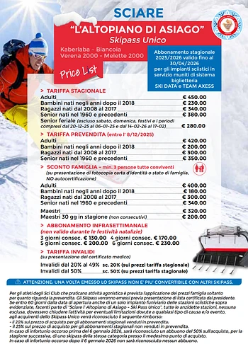 Listino prezzi Skipass Sciare Altopiano di Asiago 2025-2026