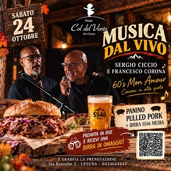 musica dal vivo pulled pork e birra artigianale a Malga Col del Vento 24 ottobre 2026