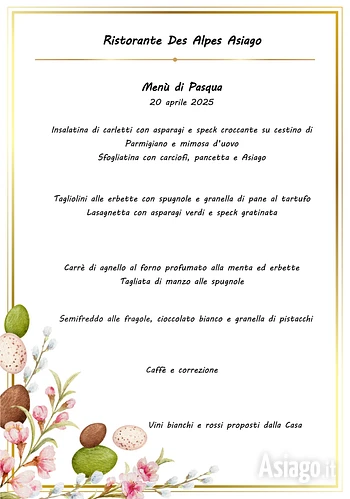 Menu pranzo di Pasqua 2025 Ristorante Des Alpes Asiago