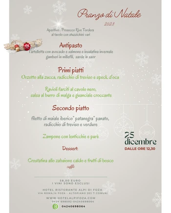 Menu pranzo 25 dicembre Natale 2023 Ristorante Alpi di Foza