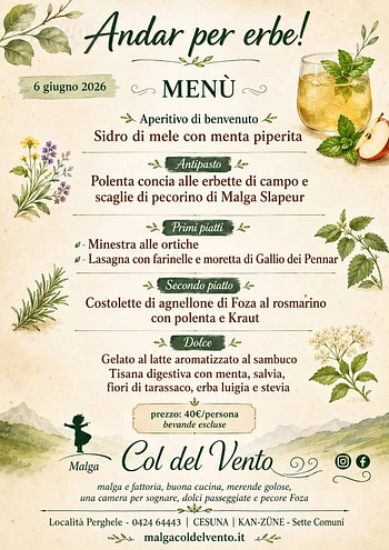 Menu del pranzo "Andar per Erbe" a Malga Col del Vento 6 giugno 2026