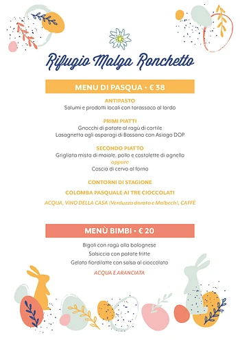 Menu di Pasqua 2023 Rifugio Malga Ronchetto