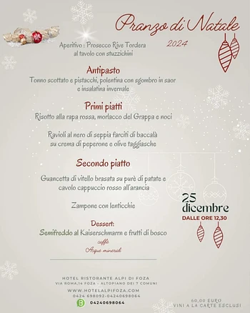 Menu pranzo di Natale del Ristorante Alpi di Foza sull'Altopiano di Asiago