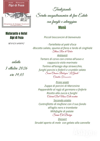 Tradizionale cena di fine estate con funghi e selvaggina al Ristornate Alpi di Foza 3 ottobre 2026