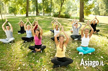 Praticanti yoga nel bosco