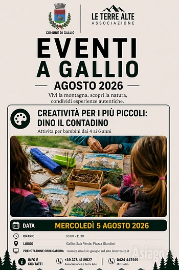 Dino contadino laboratorio per bambini gallio 5 agosto 2026