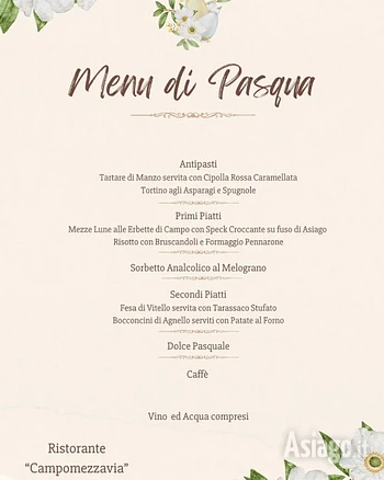 Menu pranzo di pasqua 2024 ristorante Campomezzavia Asiago