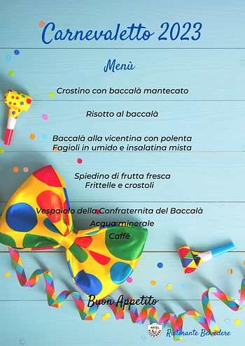 Menu cena a base di baccalà per Carnevaletto Ristorante Belvedere Cesuna