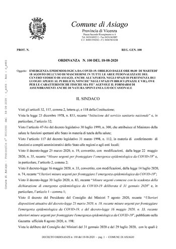 Ordinanza Comune di Asiago obbligo mascherine all'aperto dal 18 agosto 2020 Ordinanza Comune di Asiago obbligo mascherine all'aperto dal 18 agosto 2020