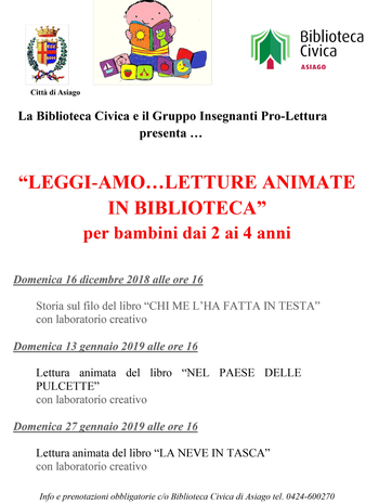 Readings for children with creative workshops at the library December 2018 and 2019 in Asiago-January