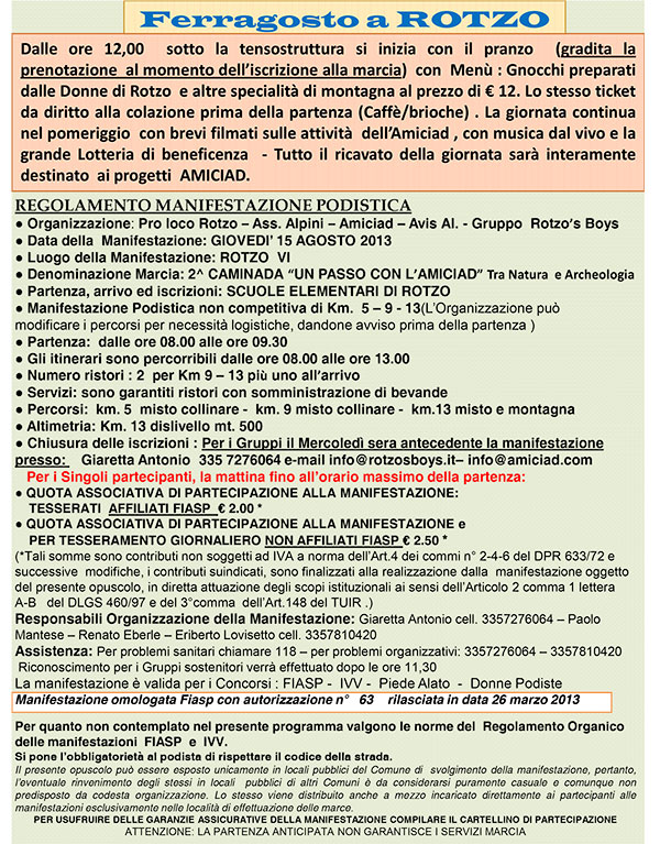 Detteglio Programma Ferragosto a Rotzo Amiciad Detteglio Programma Ferragosto a Rotzo Amiciad