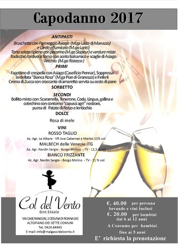 Menu capodanno 2018 di Malga Col Del Vento  