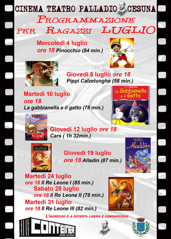 Programmazione bambini luglio 2018 Cinema Cesuna