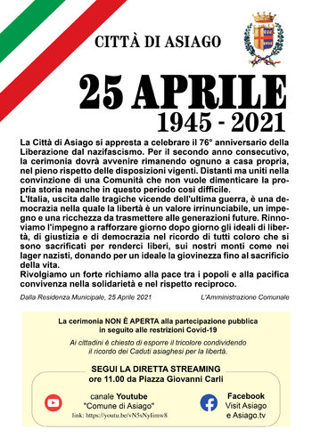 Cerimonia 25 aprile 2021 Asiago Cerimonia 25 aprile 2021 Asiago