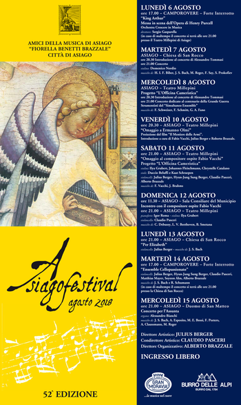 ASIAGO FESTIVAL 2018 -  Concerti ad Asiago dal 6 al 15 agosto 2018