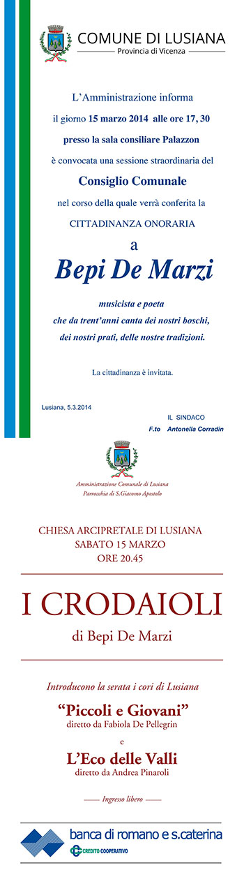 Bepi de Marzi e i Crodiaioli a Lusiana, cittadinanza onoraria 15 marzo 2014