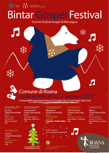 BINTAR 2016-17-gospel GOSPEL FESTIVAL concert program in Roana and hamlets, on the Asiago plateau