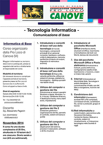 Corso Informatica Canove di Roana, Altopiano di Asiago