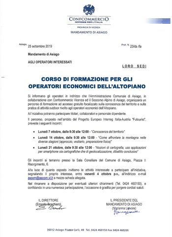 Training course for economic operators of the Plateau in Asiago - 7, 14 and 21 October 2019