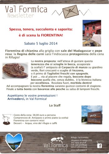 Cena con bistecca alla fiorentina Rifugio Val Formica