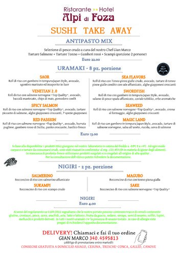 Hotel alpi foza menu take away sushi