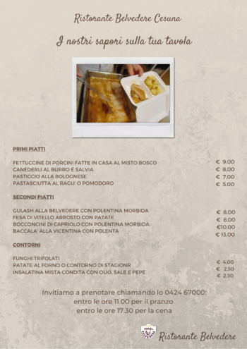 Menu asporto e domicilio ristorante Belvedere Cesuna febbraio 2021