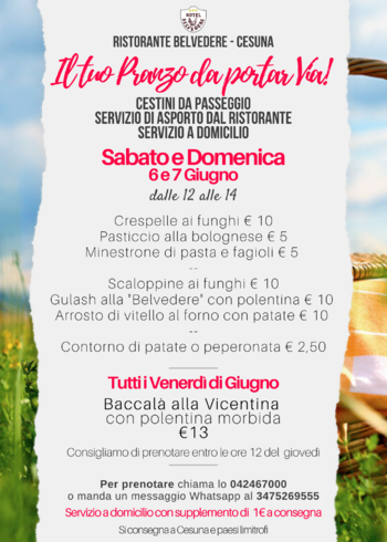 Menu Belvedere Cesuna 6 e 7 giugno 2020 Menu Belvedere Cesuna 6 e 7 giugno 2020