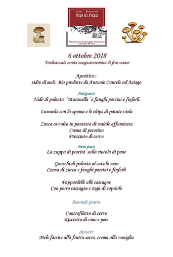 Menu cena fine estate Alpi di Foza 6 ottobre 2018