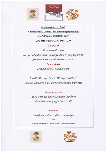 Menu cena funghi Ristorante Alpi di Foza