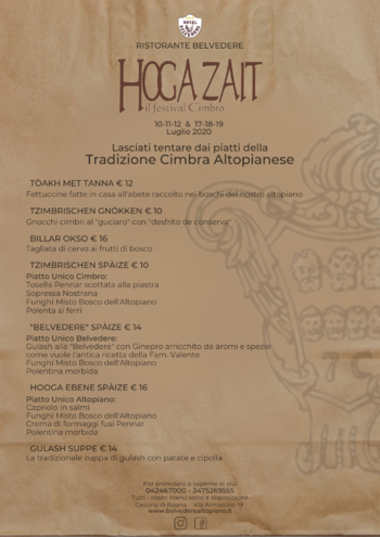 Menu hoga zait 2020 al Belvedere di Cesuna