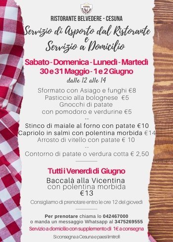 Menu ponte 2 giugno Belvedere Cesuna