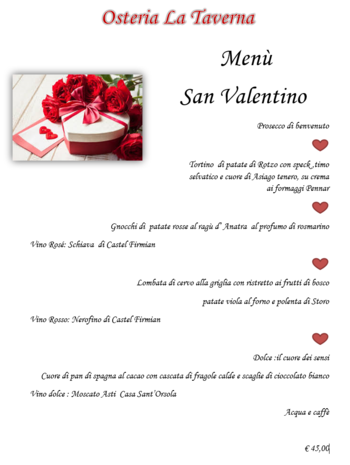 Menu san valentino La Taverna Asiago