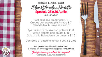 pranzo a domicilio ristorante Belvedere menu speciale 25 e 26 aprile 2020